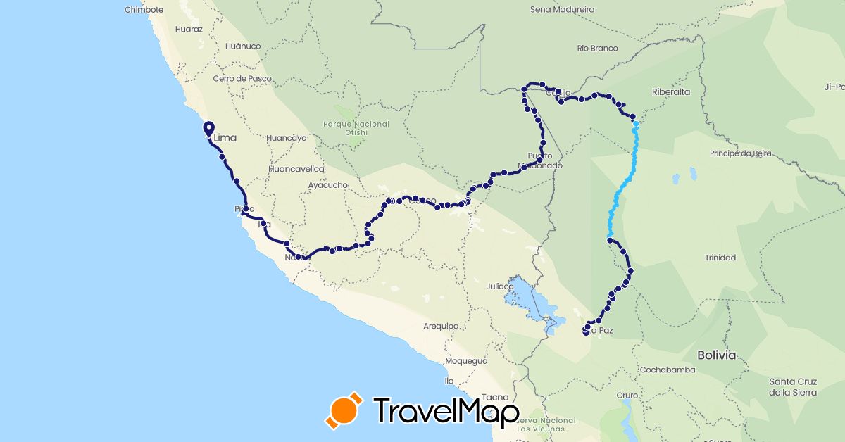 TravelMap itinerary: boat, vélo maïwenn & kevin in Bolivia, Brazil, Peru (South America)
