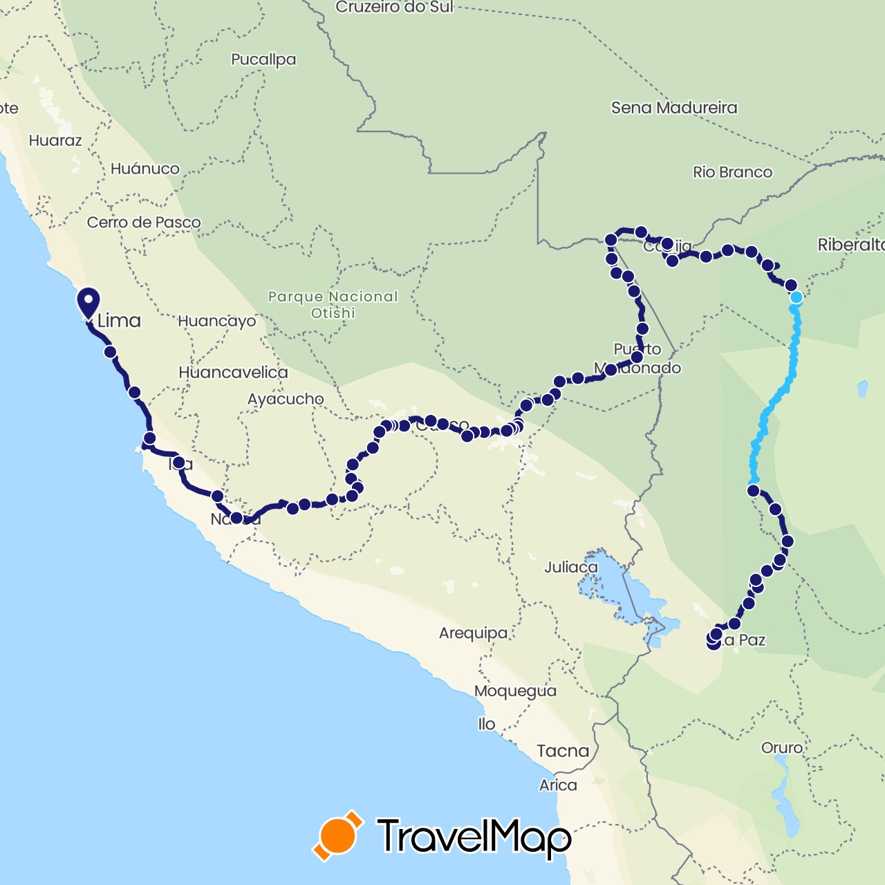 TravelMap itinerary: boat, vélo maïwenn & kevin in Bolivia, Brazil, Peru (South America)
