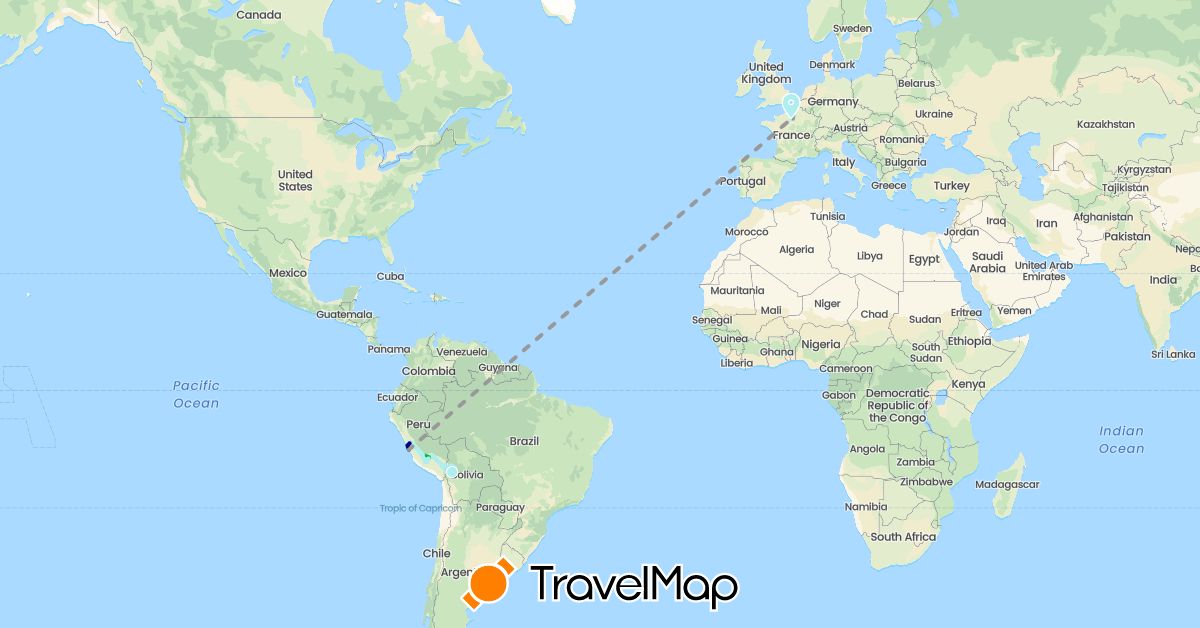TravelMap itinerary: driving, bus, plane, vélo alice & guillaume in Bolivia, France, Peru (Europe, South America)
