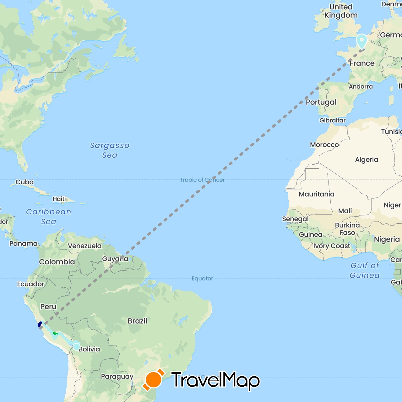 TravelMap itinerary: driving, bus, plane, vélo alice & guillaume in Bolivia, France, Peru (Europe, South America)