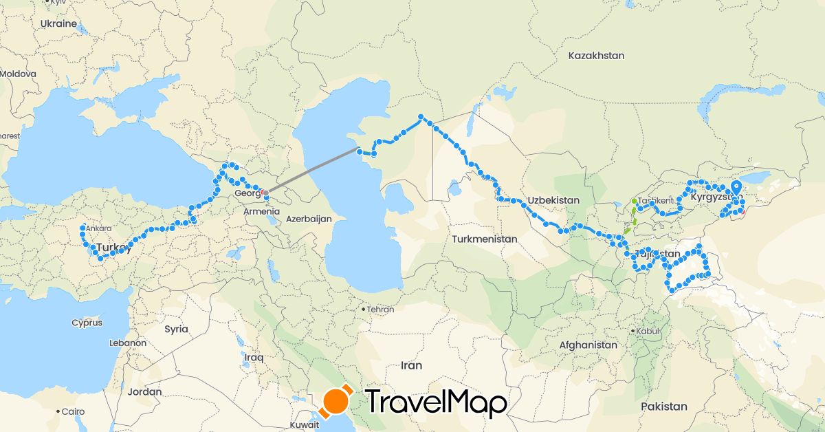 TravelMap itinerary: plane, hiking, electric vehicle, vélo kevin & guillaume in Georgia, Kyrgyzstan, Kazakhstan, Tajikistan, Turkey, Uzbekistan (Asia)