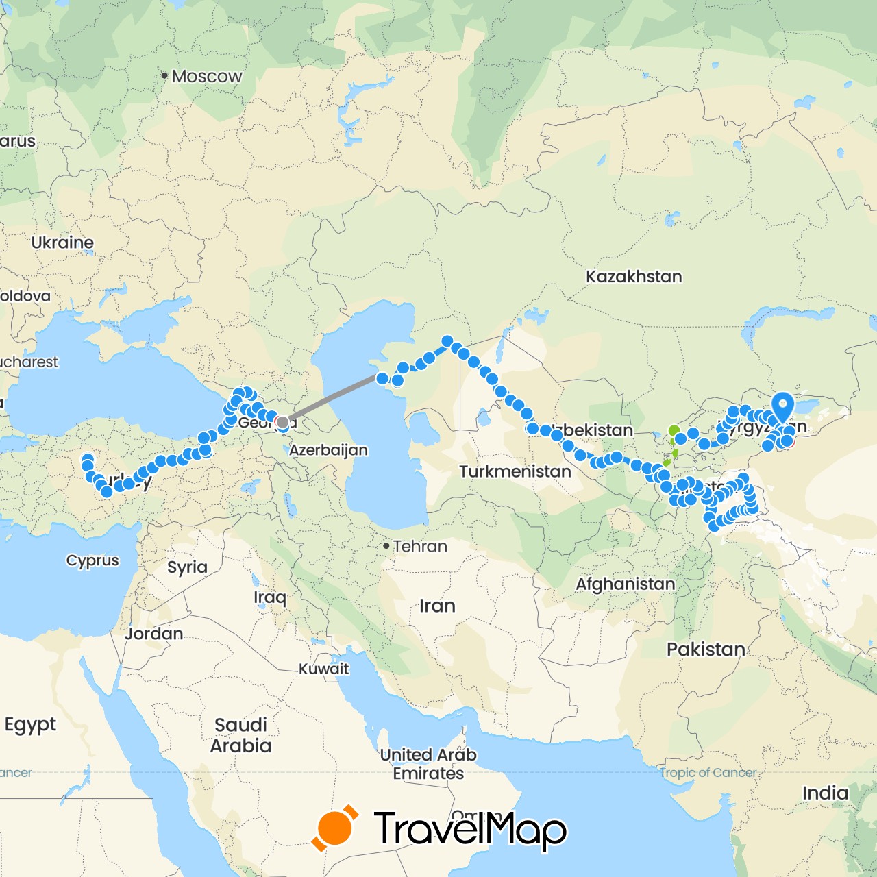 TravelMap itinerary: plane, hiking, electric vehicle, vélo kevin & guillaume in Georgia, Kyrgyzstan, Kazakhstan, Tajikistan, Turkey, Uzbekistan (Asia)