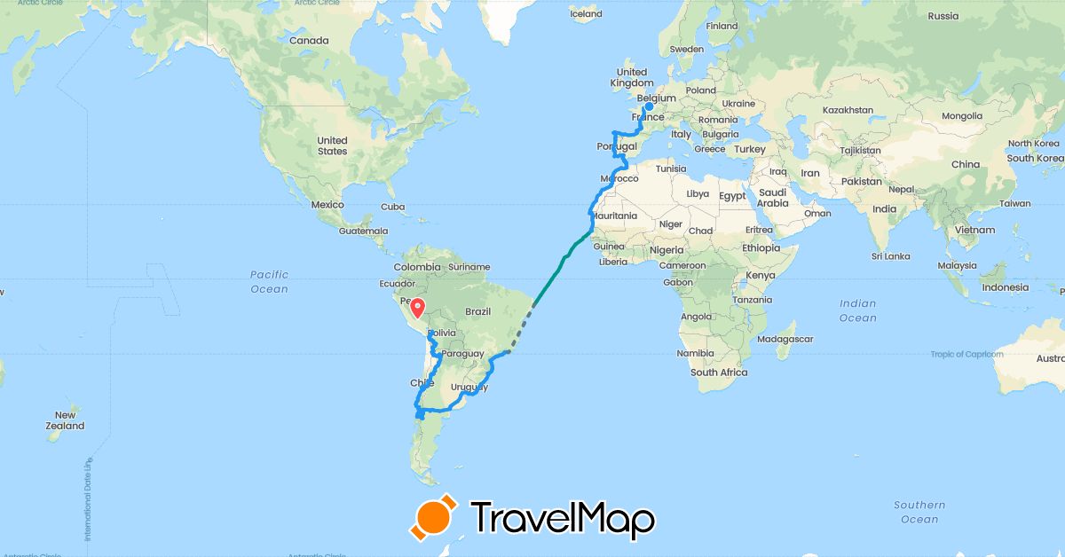 TravelMap itinerary: hiking, avion, vélo kevin & guillaume, bateau in Argentina, Bolivia, Brazil, Chile, Western Sahara, Spain, France, Morocco, Mauritania, Peru, Portugal, Senegal, Uruguay (Africa, Europe, South America)