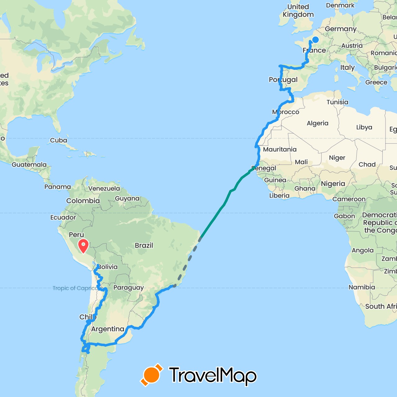 TravelMap itinerary: hiking, avion, vélo kevin & guillaume, bateau in Argentina, Bolivia, Brazil, Chile, Western Sahara, Spain, France, Morocco, Mauritania, Peru, Portugal, Senegal, Uruguay (Africa, Europe, South America)